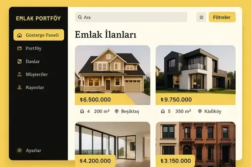 İlkkod'un emlak portföy yönetim sistemi arayüzü. Kullanıcı dostu tasarım, emlak ilanlarının kolay yönetimini sağlıyor.