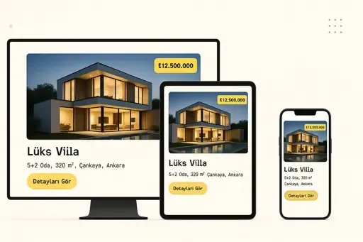 Emlak web sitesinin masaüstü, tablet ve mobil cihazlarda responsive görünümünü gösteren mockup. Tüm cihazlarda mükemmel kullanıcı deneyimi.