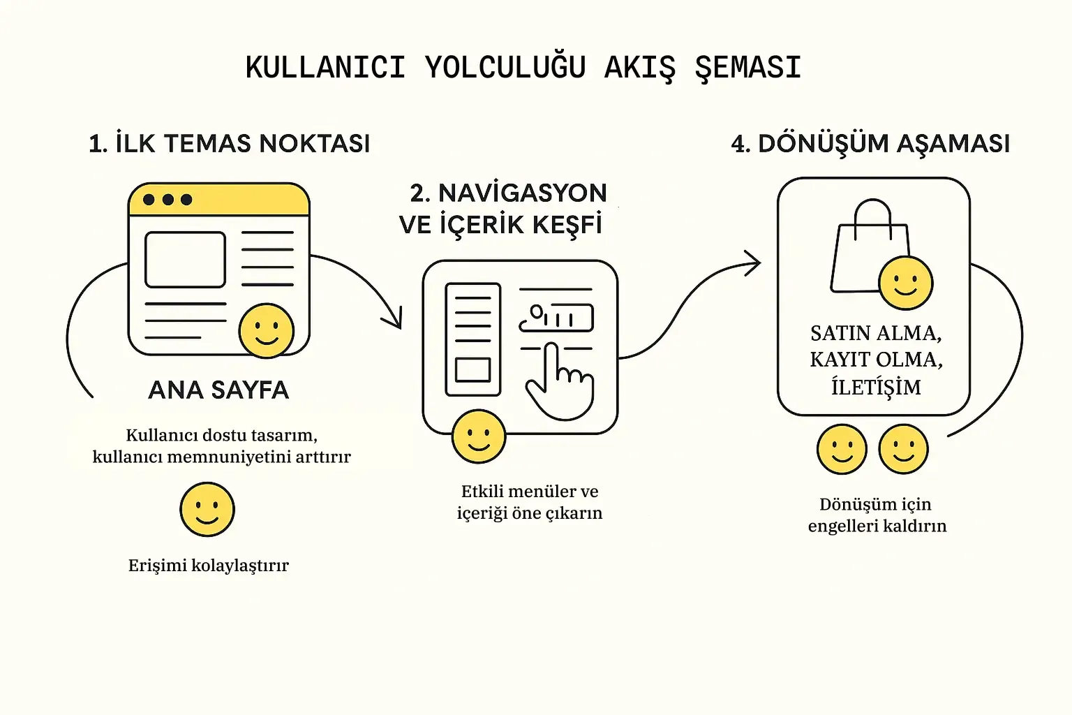 Kullanıcının ana sayfadan dönüşüme kadar ilerlediği, her adımda emojiyle duygu durumu gösterilen akış şeması.