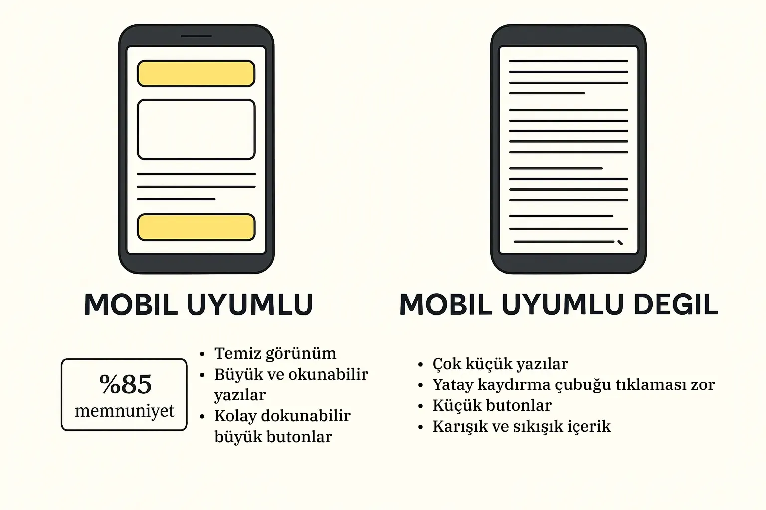 Sol tarafta mobil uyumlu, sağda mobil uyumsuz web tasarımı; altında kullanıcı memnuniyeti ve olumsuz deneyim istatistikleri.