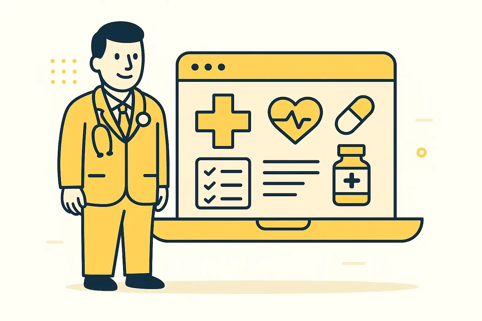 Stetoskoplu bir doktor, yanında sağlık sembolleri ve ilaç ikonları içeren dizüstü bilgisayar ekranı ile duruyor.