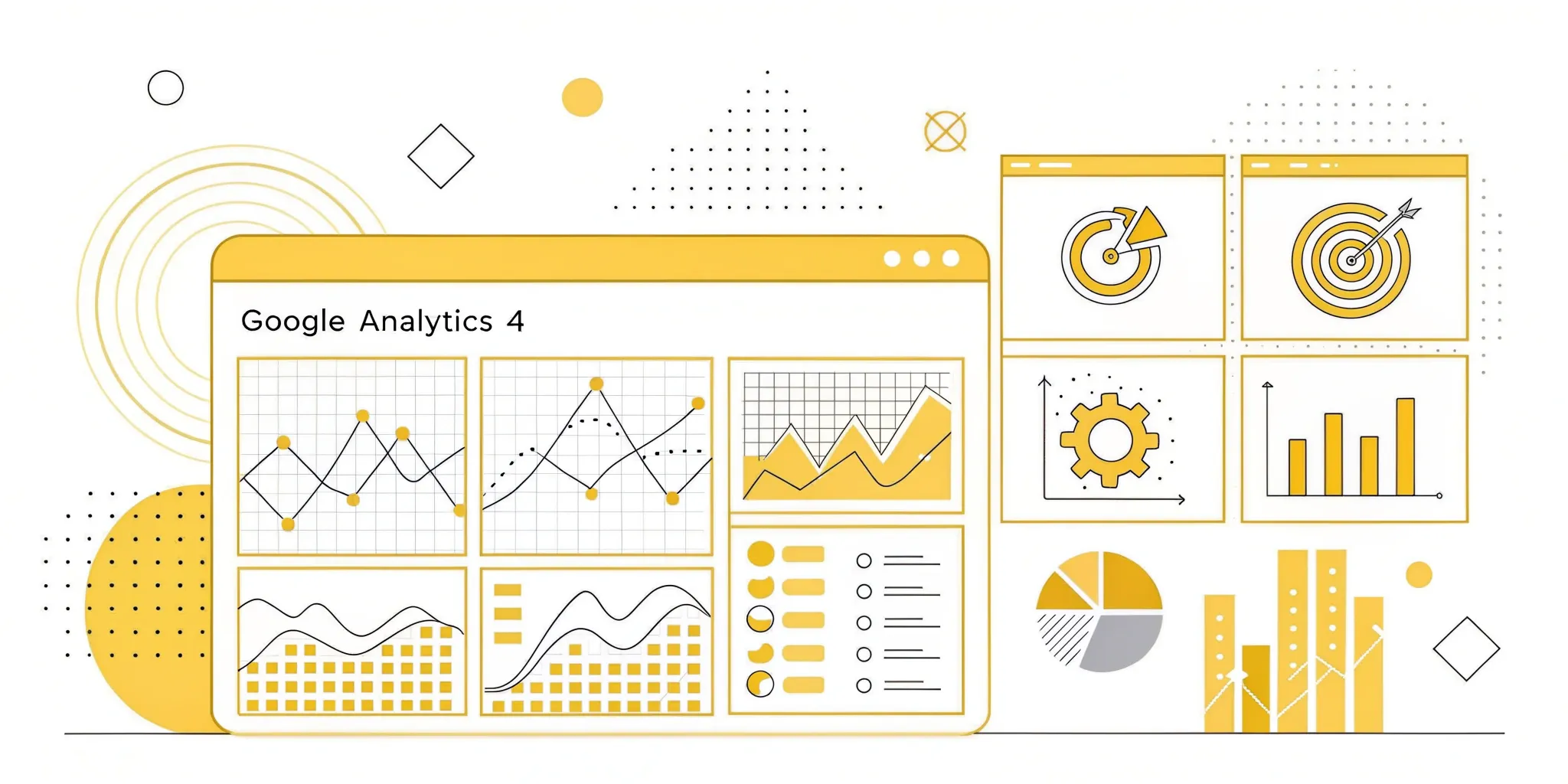 Google Analytics 4 arayüzünde grafikler, pasta dilimleri ve hedef simgeleriyle veri analizi panelini gösteren sarı-beyaz çizim.