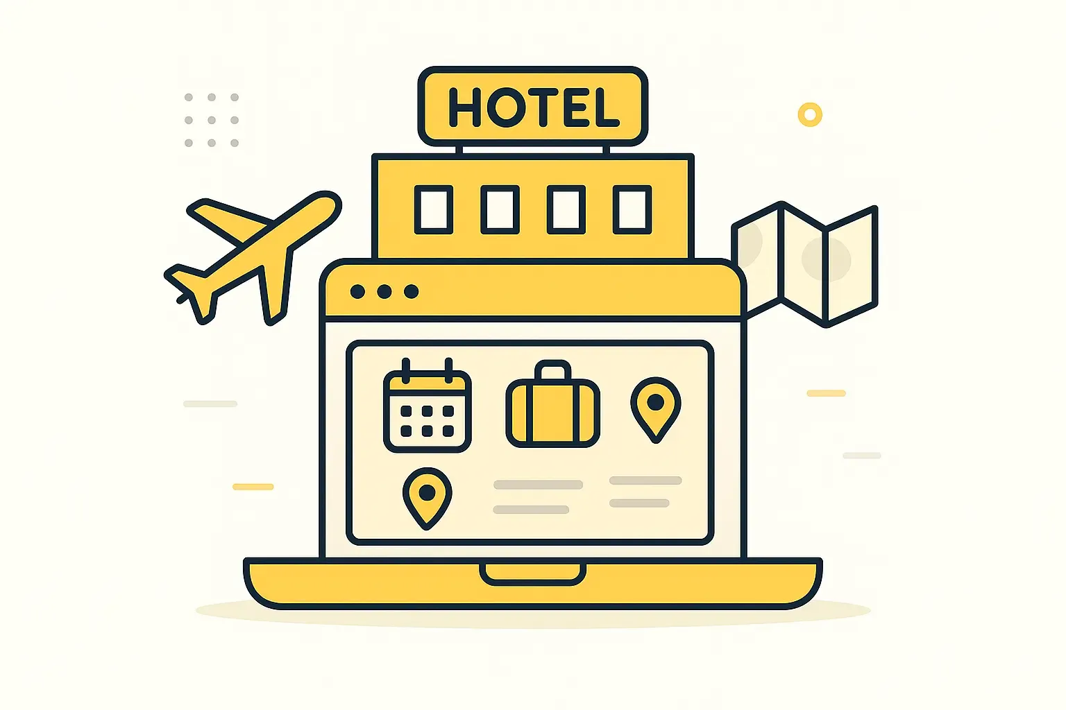 Otel rezervasyon ekranı gösteren dizüstü bilgisayar, üzerinde uçak, otel binası, takvim, bavul ve konum işaretleri bulunuyor.