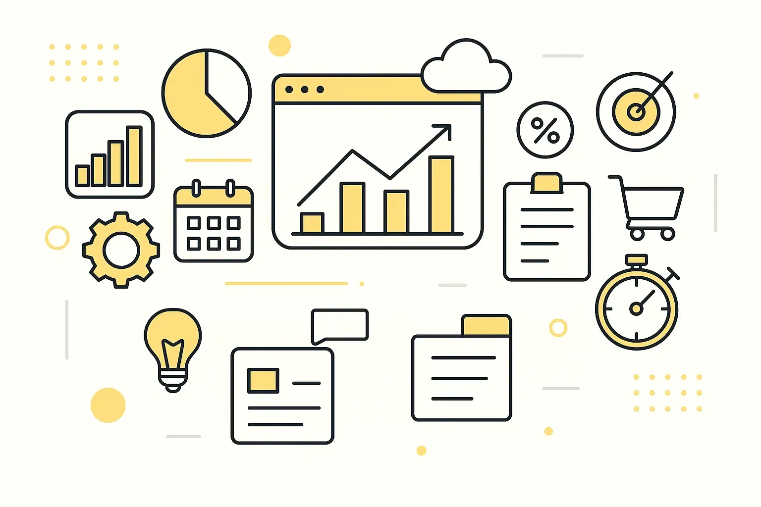 İş analitiği simgeleri: grafik, takvim, dişli, ampul, alışveriş sepeti, hedef tahtası ve kronometre gibi ikonlar düzenli şekilde yerleştirilmiş.