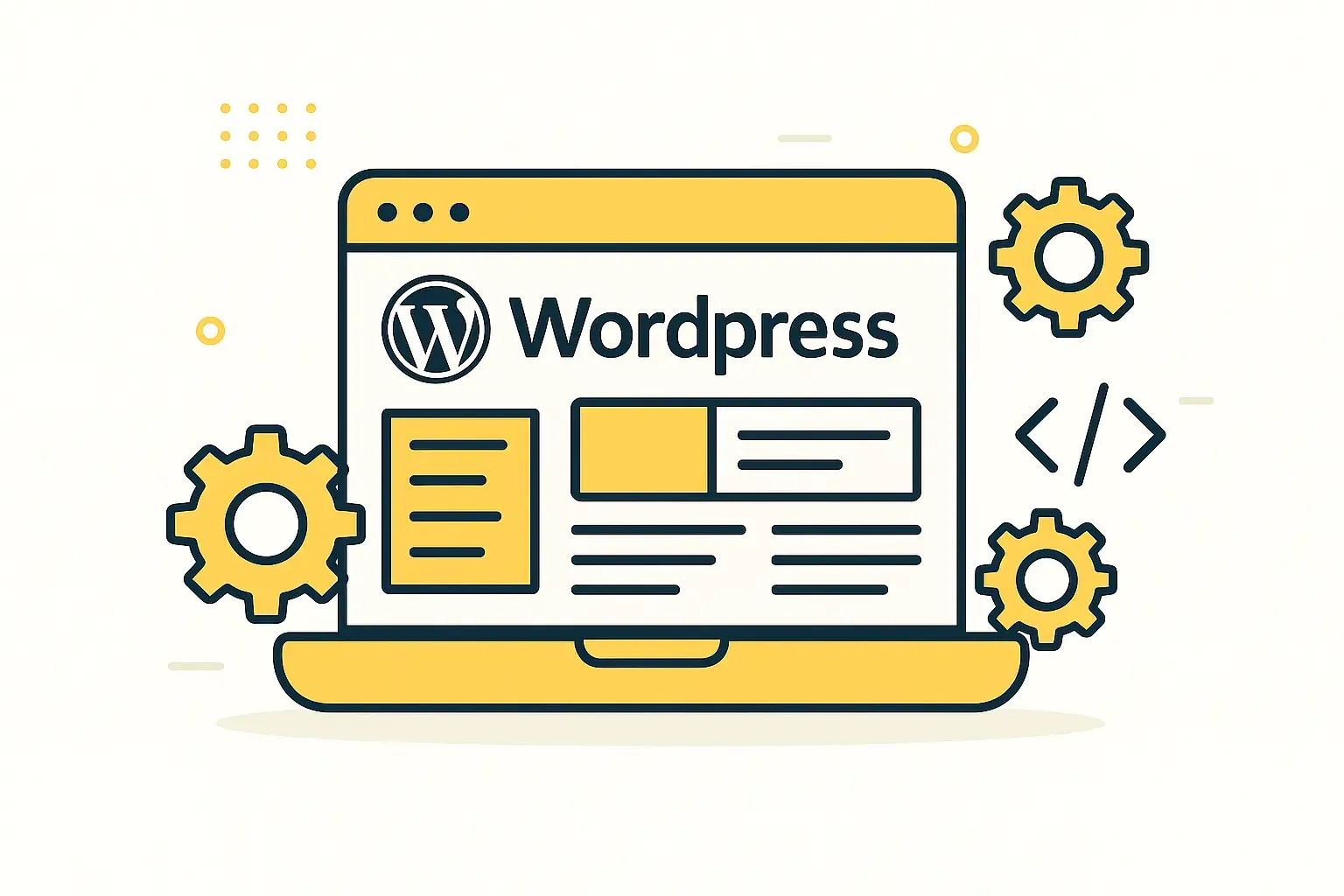 WordPress yönetim paneli ekranı, çevresinde dişli çarklar ve kod işaretleri bulunan sarı renkli dizüstü bilgisayar görseli.