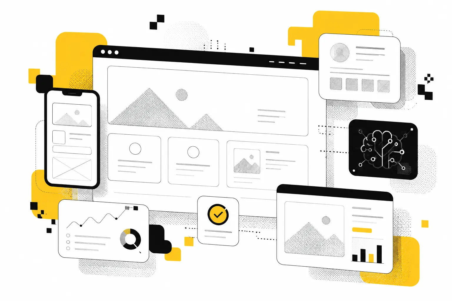 Web tasarım, geliştirme, SEO, içerik stratejisi ve yapay zeka entegrasyonunu temsil eden; ekranlar, kartlar, grafikler ve arayüz bileşenlerinden oluşan minimalist wireframe illüstrasyon.